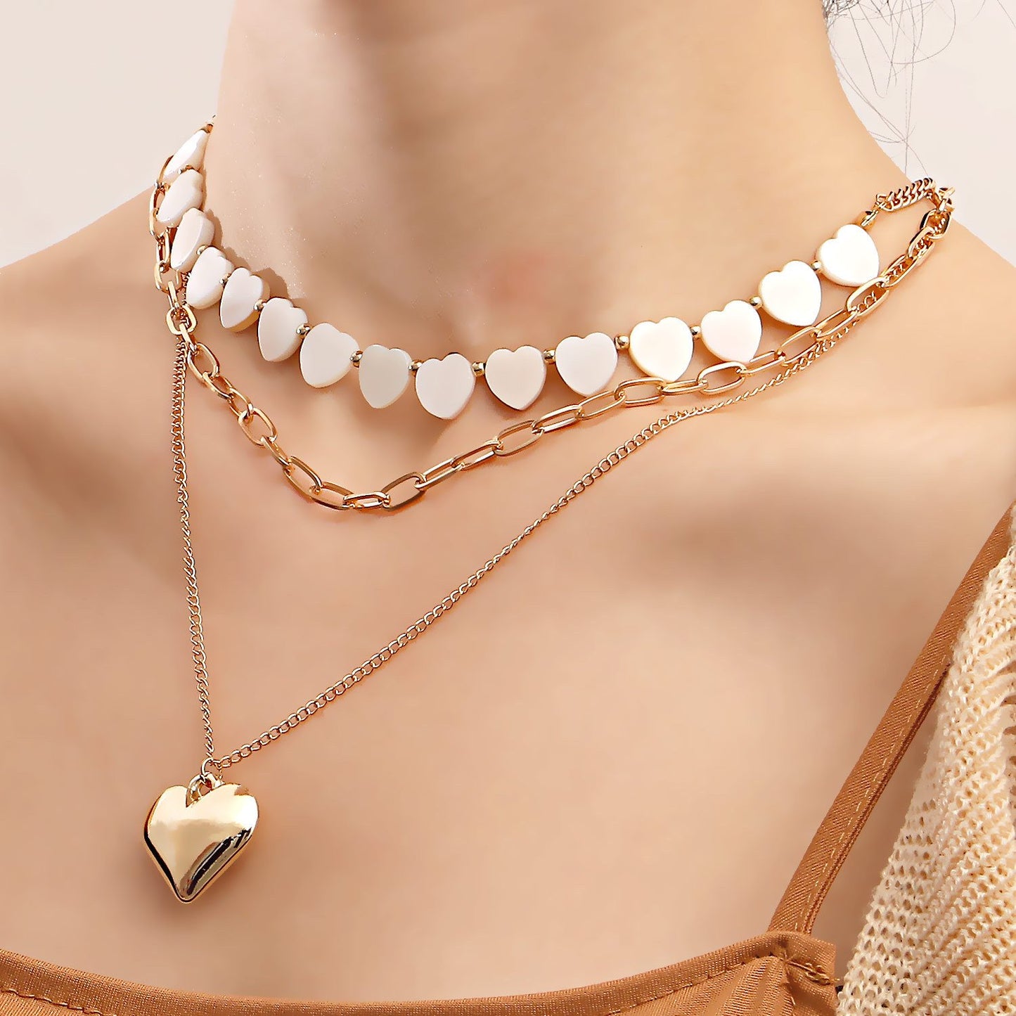 Jewelry ins multi-layer imitation white mother-of-pearl love pendant necklace female exaggerated big peach heart necklace