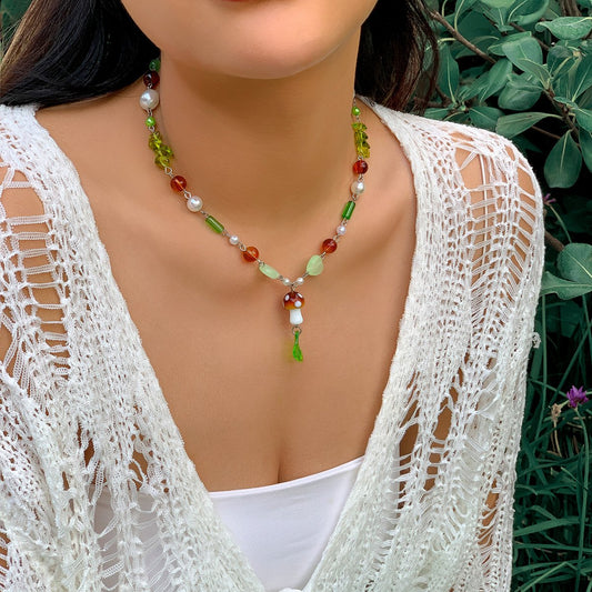 Jewelry fashion ins mix and match mushroom leaf color necklace female simple imitation pearl glass necklace