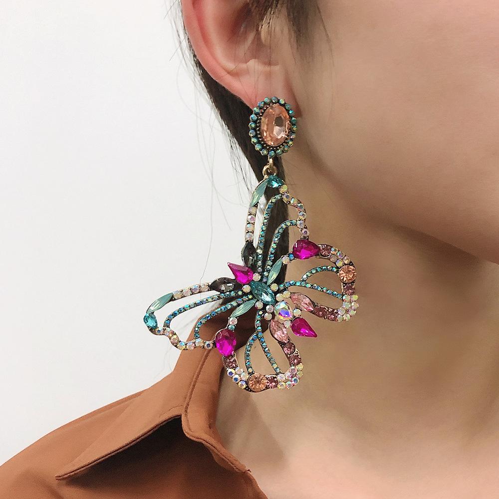 E9378 Jewelry Baroque Exaggerated Personality Butterfly Earrings Female Fashion Creative Color Diamond Earrings