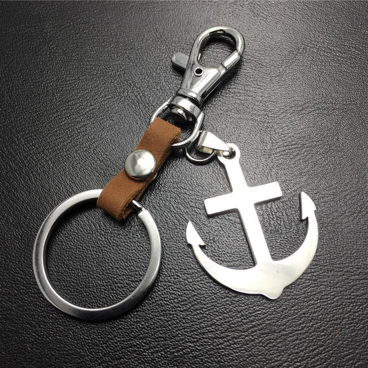 Large anchor titanium steel pendant sailing diary stainless steel key chain pendant cowhide connection piece Valentine's Day gift