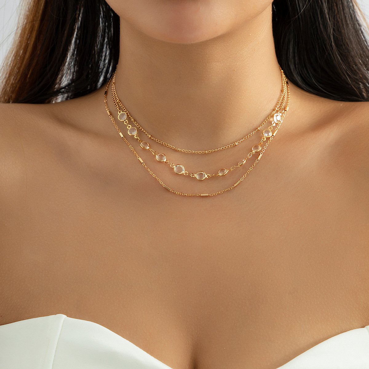 Jewelry simple imitation crystal ball chain multi-layer necklace female all-match geometric metal necklace