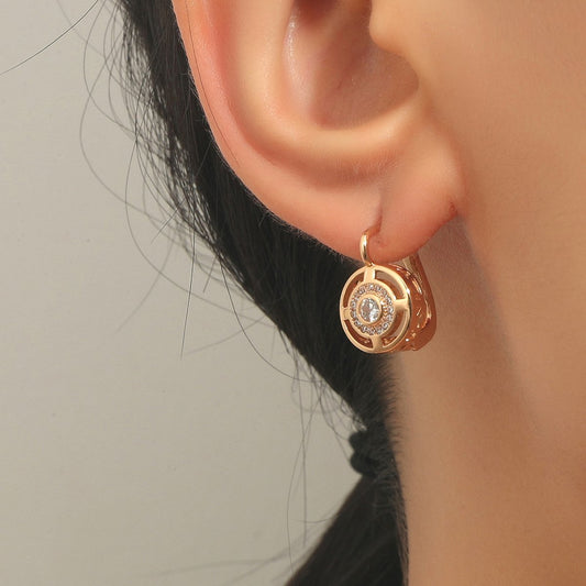 Retro round earrings copper inlaid zircon creative hollow earrings ins temperament French earrings jewelry female