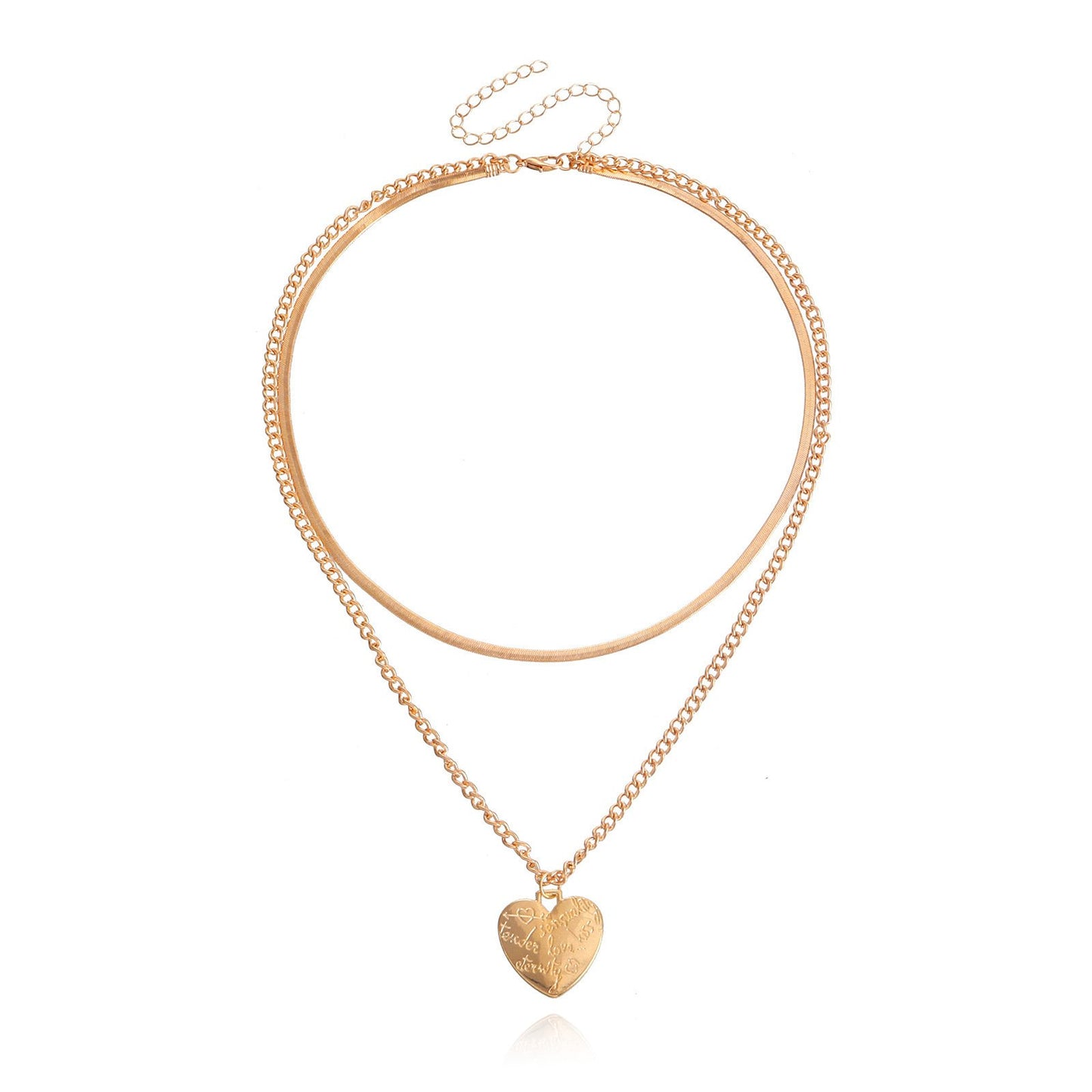 Custom Jewelry Fashion Double Flat Snake Chain LOVE Heart Pendant Necklace Female Niche Design Sense Necklace