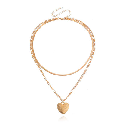 Custom Jewelry Fashion Double Flat Snake Chain LOVE Heart Pendant Necklace Female Niche Design Sense Necklace