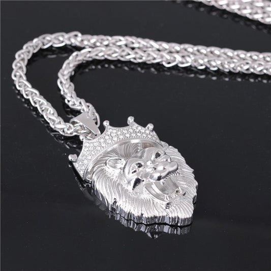 Diamond crown lion head hip hop luminous necklace men's unisex gold-plated hiphop luminous pendant