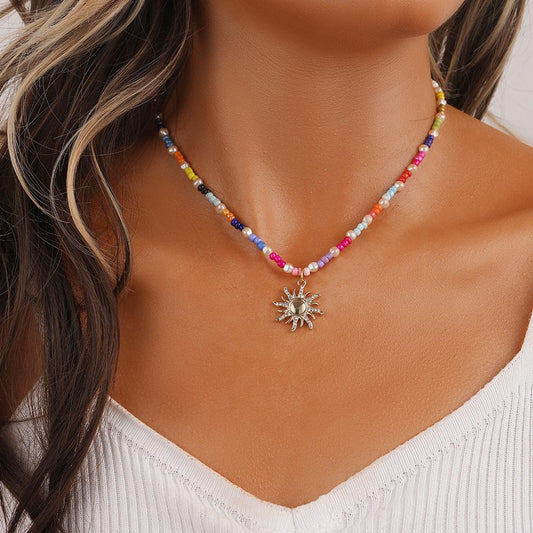 Summer ins ladies short choker stainless steel coin turquoise pearl sun necklace