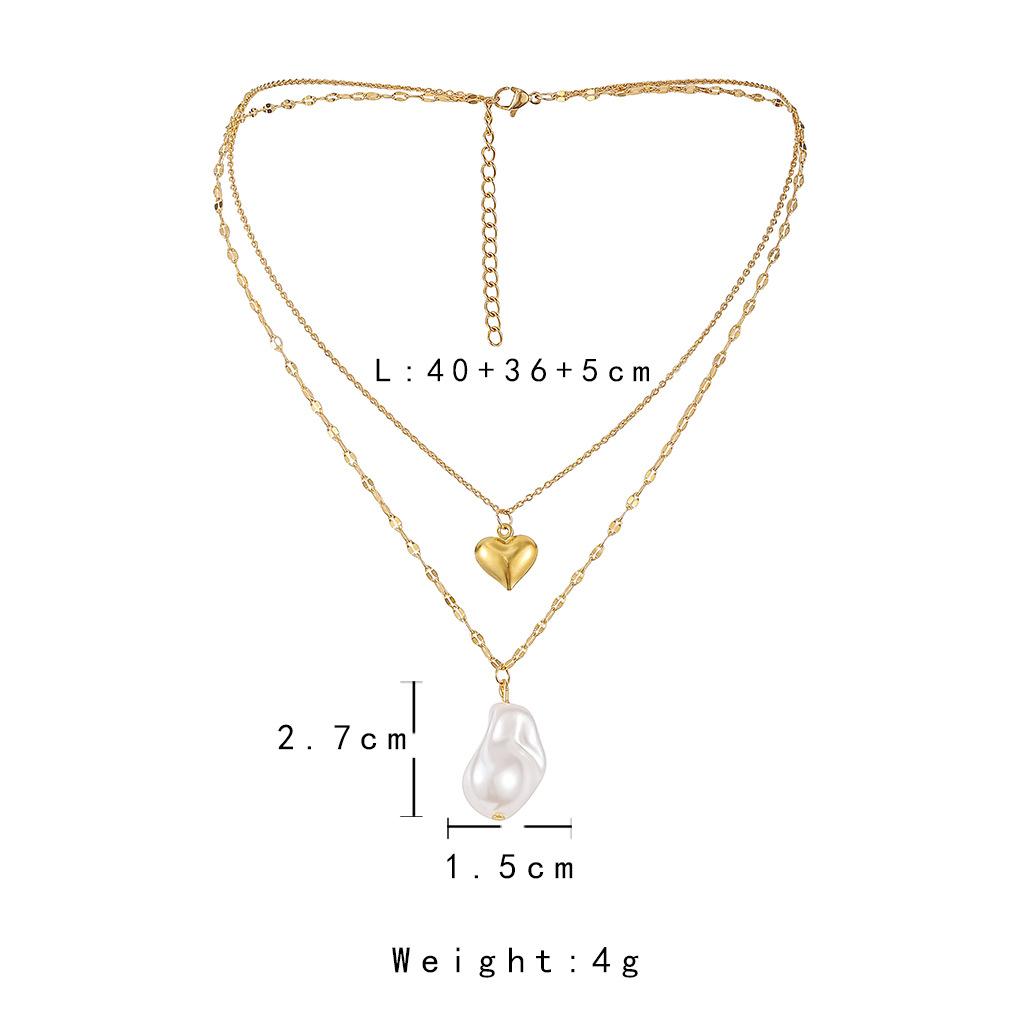 Ins popular baroque special-shaped pearl pendant fashion titanium steel real gold heart necklace double necklace