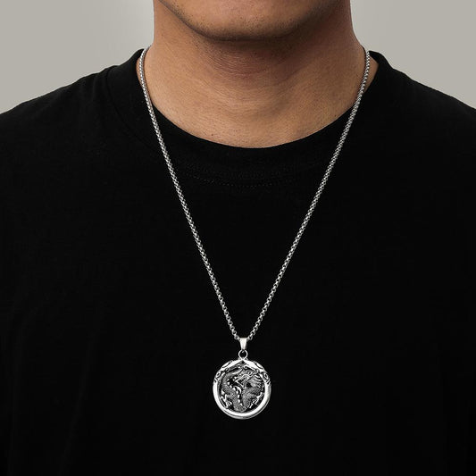 Ethnic fashion hip-hop stainless steel round plate hollow dragon totem pendant personality trend cold men's necklace