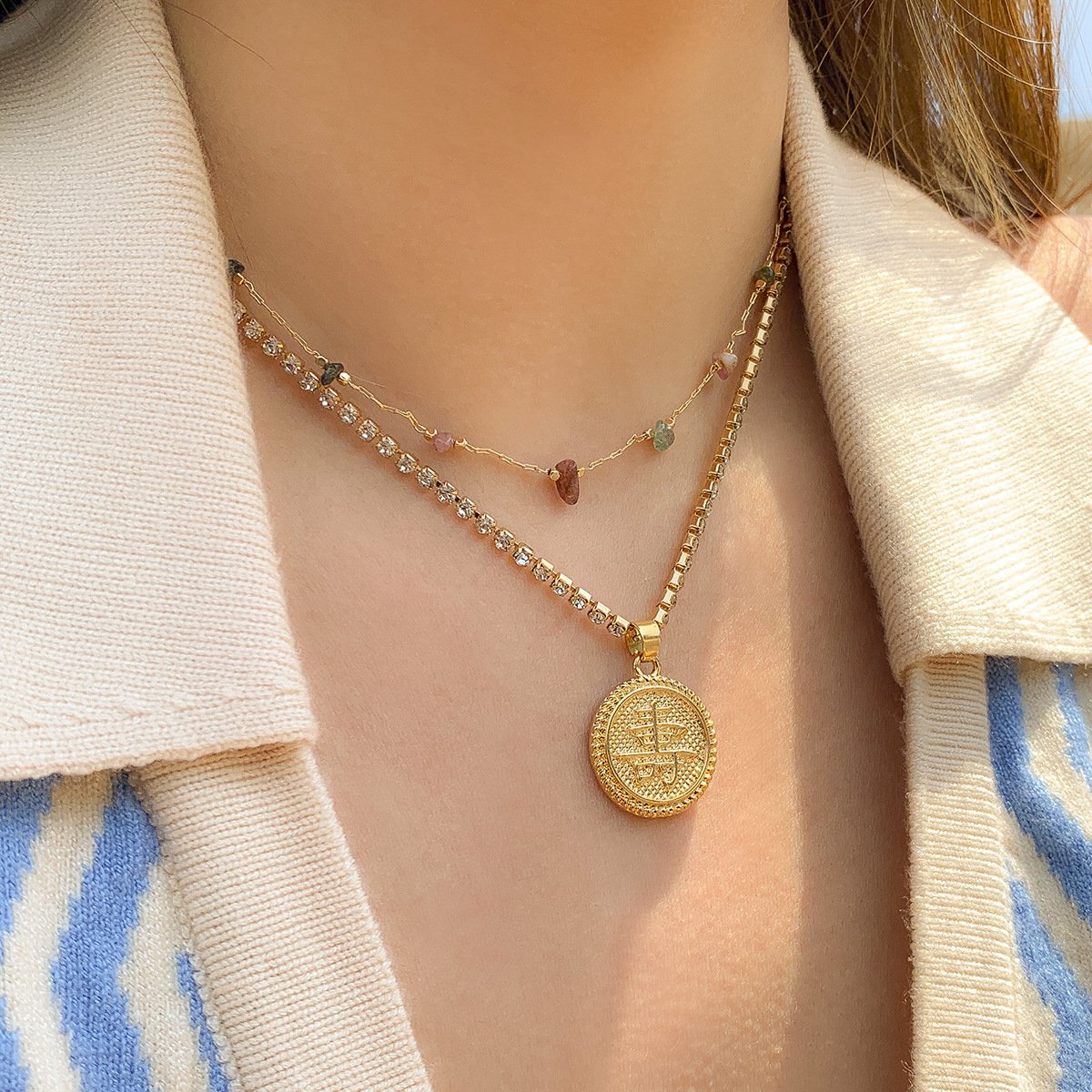 Jewelry Retro Claw Chain Pendant Necklace Ethnic Irregular Gravel Double-layer Chinese Character Necklace Female