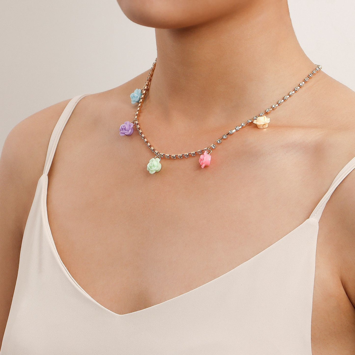 Jewelry ins diamond claw chain colorful flower necklace female choker advanced simple necklace