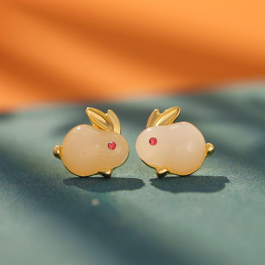 New Chinese style national jade rabbit earrings women's fashion personality temperament natal year zodiac rabbit earrings national tide earrings