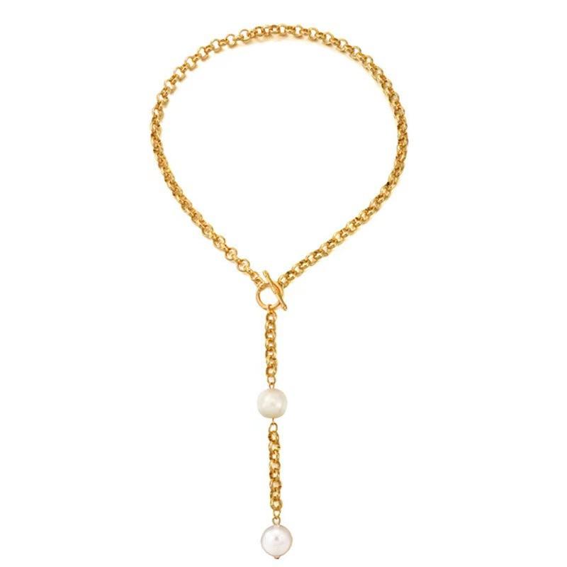Fashion Pearl Long Pendant Necklace Ladies Punk OT Buckle Metal Chain Pearl Necklace