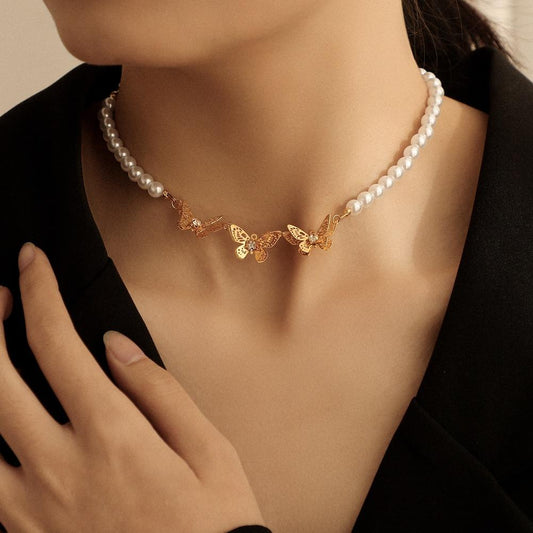 Dongdaemun Design Light Luxury Butterfly Necklace Pearl Stitching Titanium Steel Necklace Short Clavicle Chain Women's Necklace