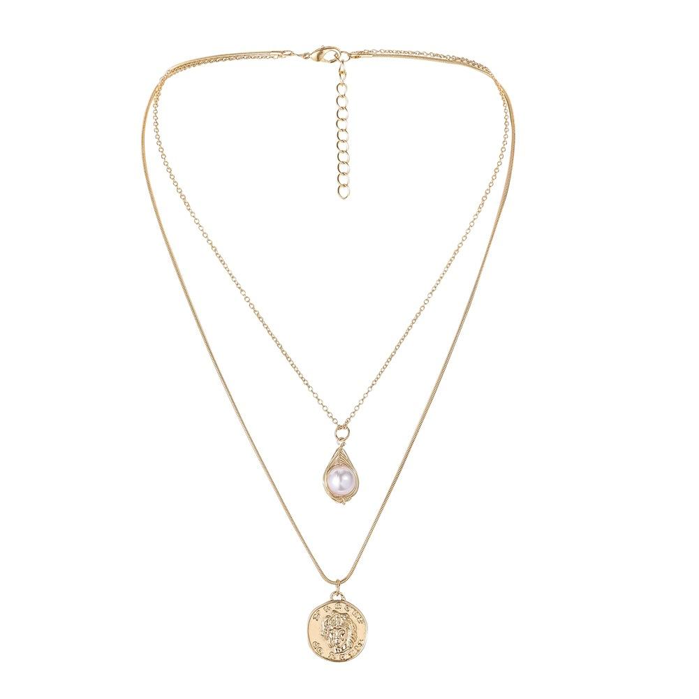 Fashion Portrait Embossed Coin Round Tag Tag French Vintage Mother-of-pearl Snake Bone Double Layer Necklace