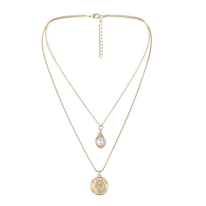 Fashion Portrait Embossed Coin Round Tag Tag French Vintage Mother-of-pearl Snake Bone Double Layer Necklace