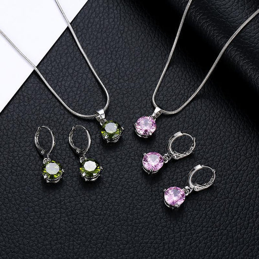 Fashion Temperament Jewelry Necklace Earrings Two-Piece Set Round Multicolor Zircon Pendant Set