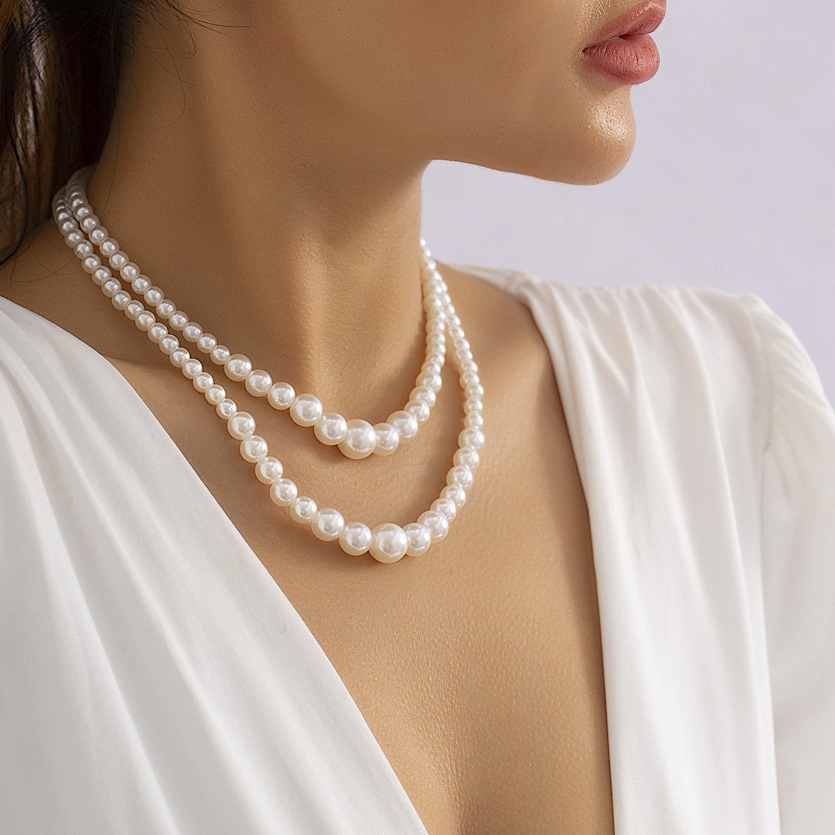 Jewelry retro double-layer beaded imitation pearl necklace femininity geometric niche round bead necklace