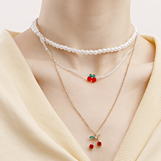 Jewelry fashion double red cherry pendant necklace female imitation pearl necklace ins necklace