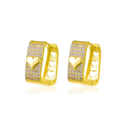 Ins full diamond square hollow heart earring fashion light luxury niche design peach heart earring net red earrings
