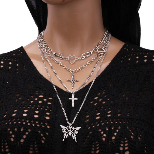 Jewelry diamond-encrusted little angel rose necklace accessories peach heart wings pendant necklace set chain