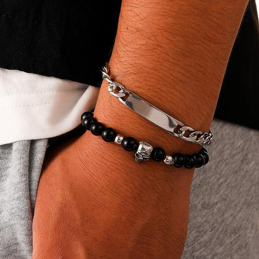 Fashion Simple Personality Domineering Niche Stainless Steel Square Brand Skull Black Bead Bracelet Set Men