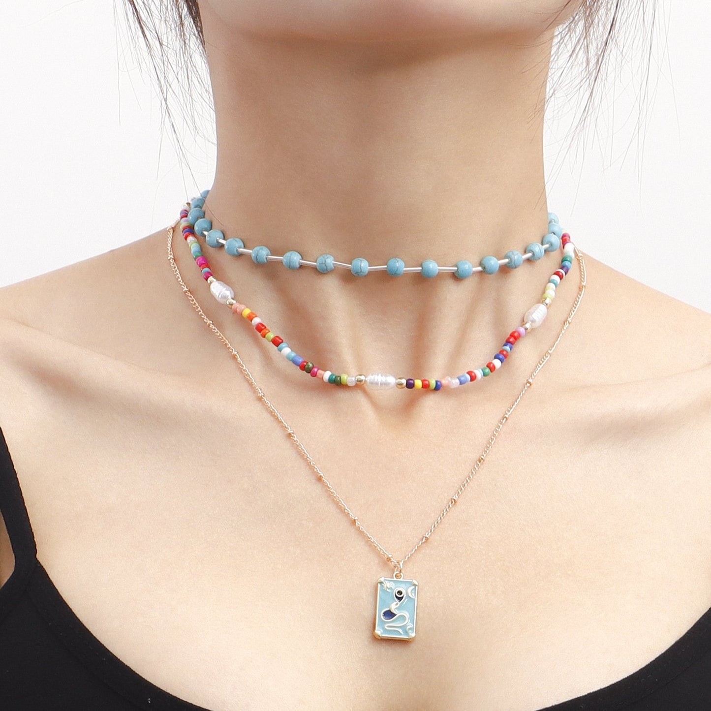 Jewelry Bohemian double-layer colored rice beads turquoise necklace female geometric trendy matching accessories