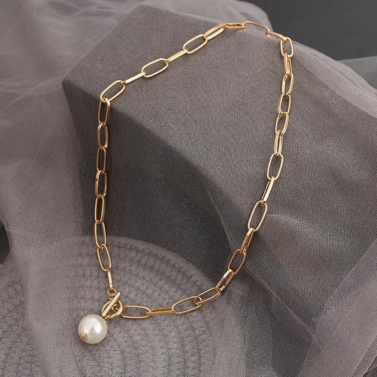 Jewelry Retro Metal Chain OT Buckle Imitation Pearl Pendant Necklace Female Creative Necklace Jewelry