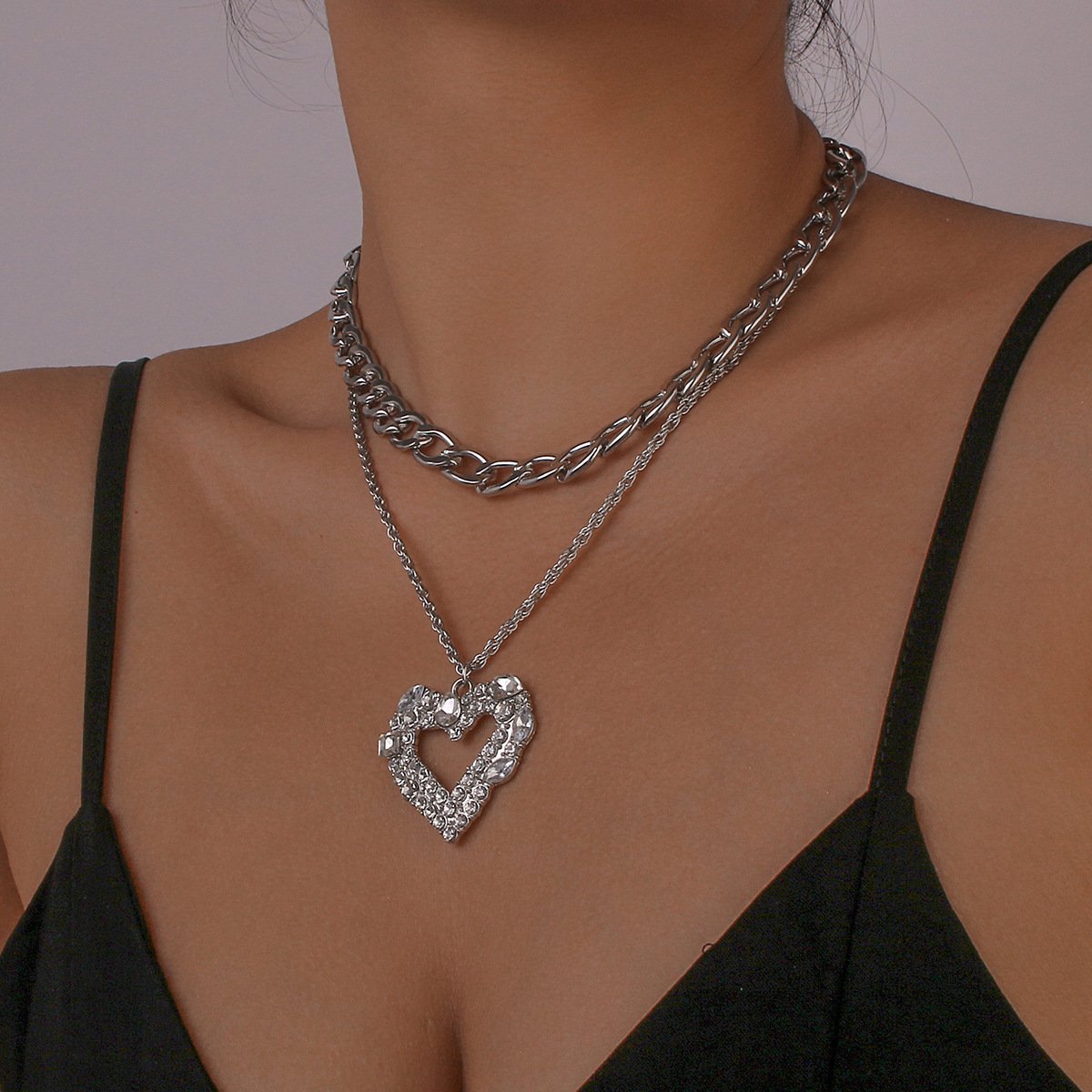 N126 Hip Hop Necklace Light Luxury Stacked Heart Rhinestone Necklace Retro Personality Cuban Chain Necklace