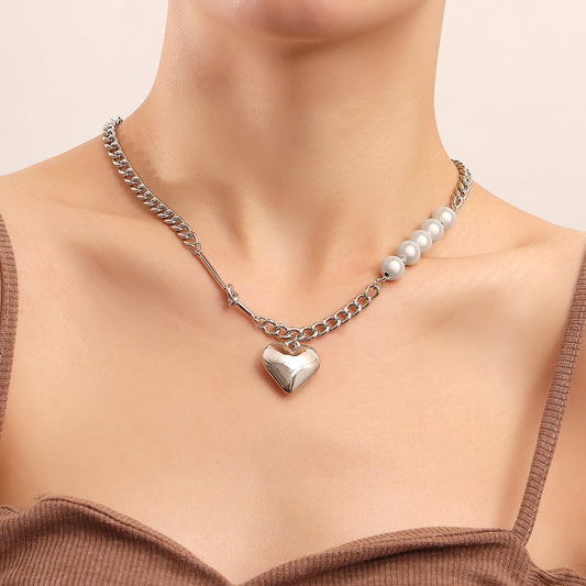 Jewelry Reflective Pearl Heart Stitching Necklace Female Hip Hop Ins Trendy Cool Clavicle Chain Accessories