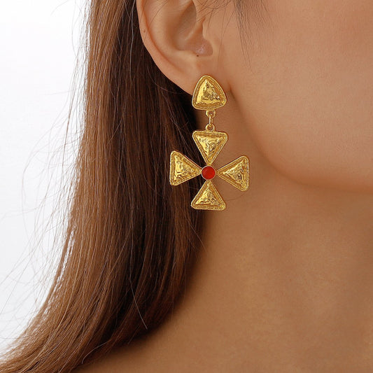 E11114 French retro minimalist triangular cross earrings micro-inlaid resin geometric middle-aged earrings