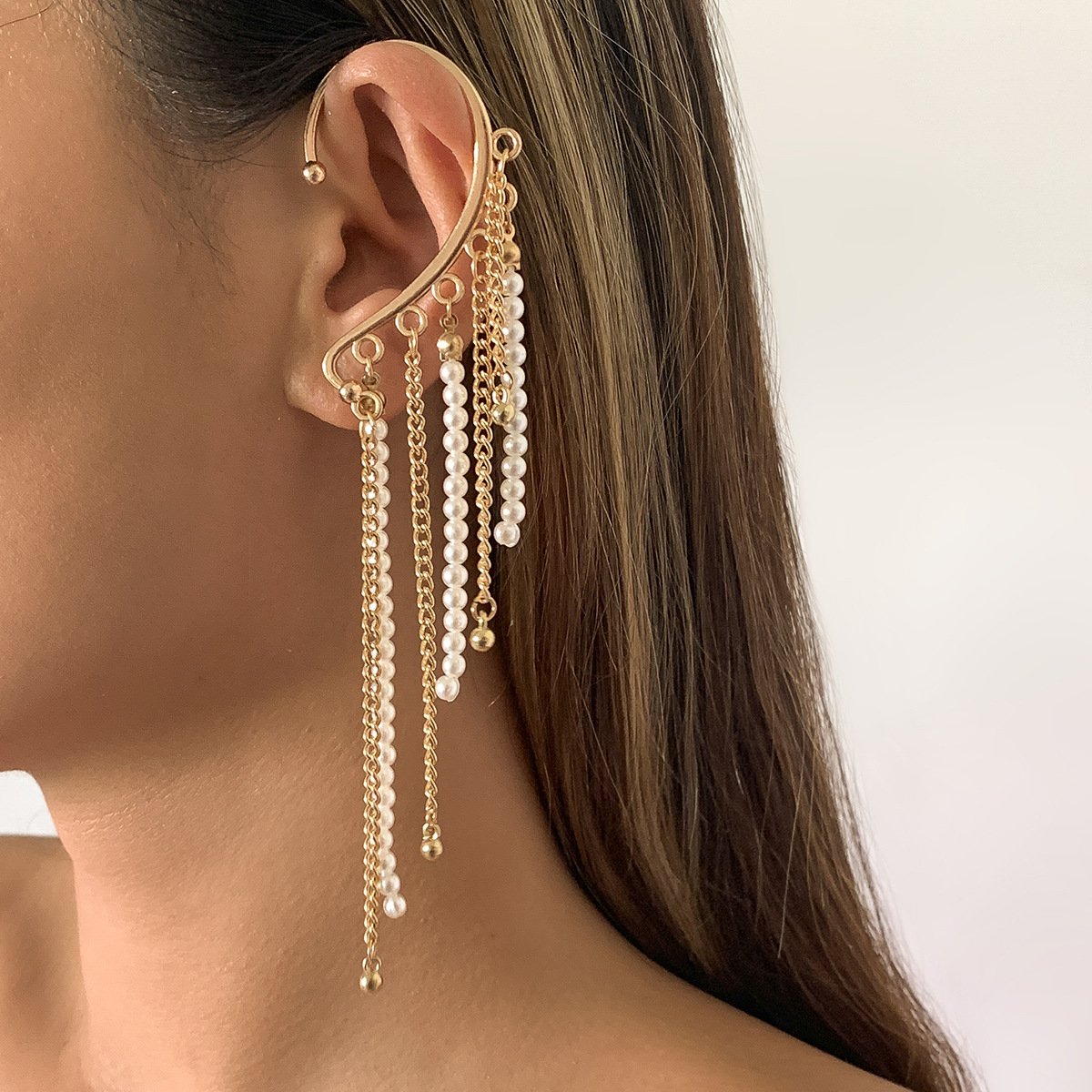 Temperament Pearl Chain Tassel Earrings No Ear Piercing Retro Versatile Metal Design Sense Earrings Female