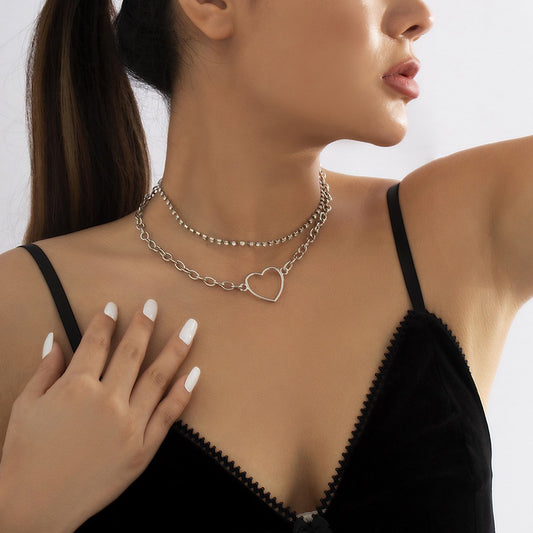Jewelry simple claw chain rhinestone geometric necklace creative heart-shaped splicing chain double layer necklace female