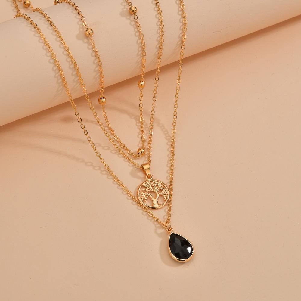 Retro Black Resin Bound Diamond Pendant Necklace Alloy Tree of Life Multilayer Necklace Accessories