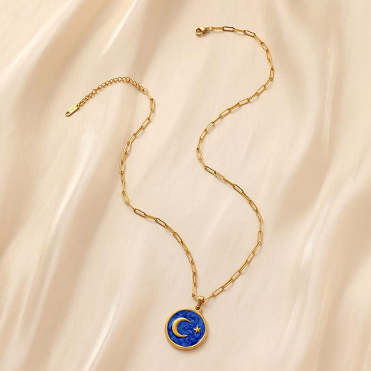 Light luxury niche titanium steel necklace stainless steel gold star moon round coin drop oil necklace female