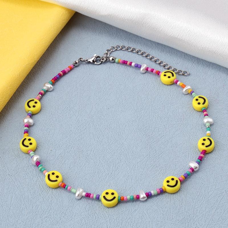 Handmade smiley face beaded necklace niche design ins cold net red same style
