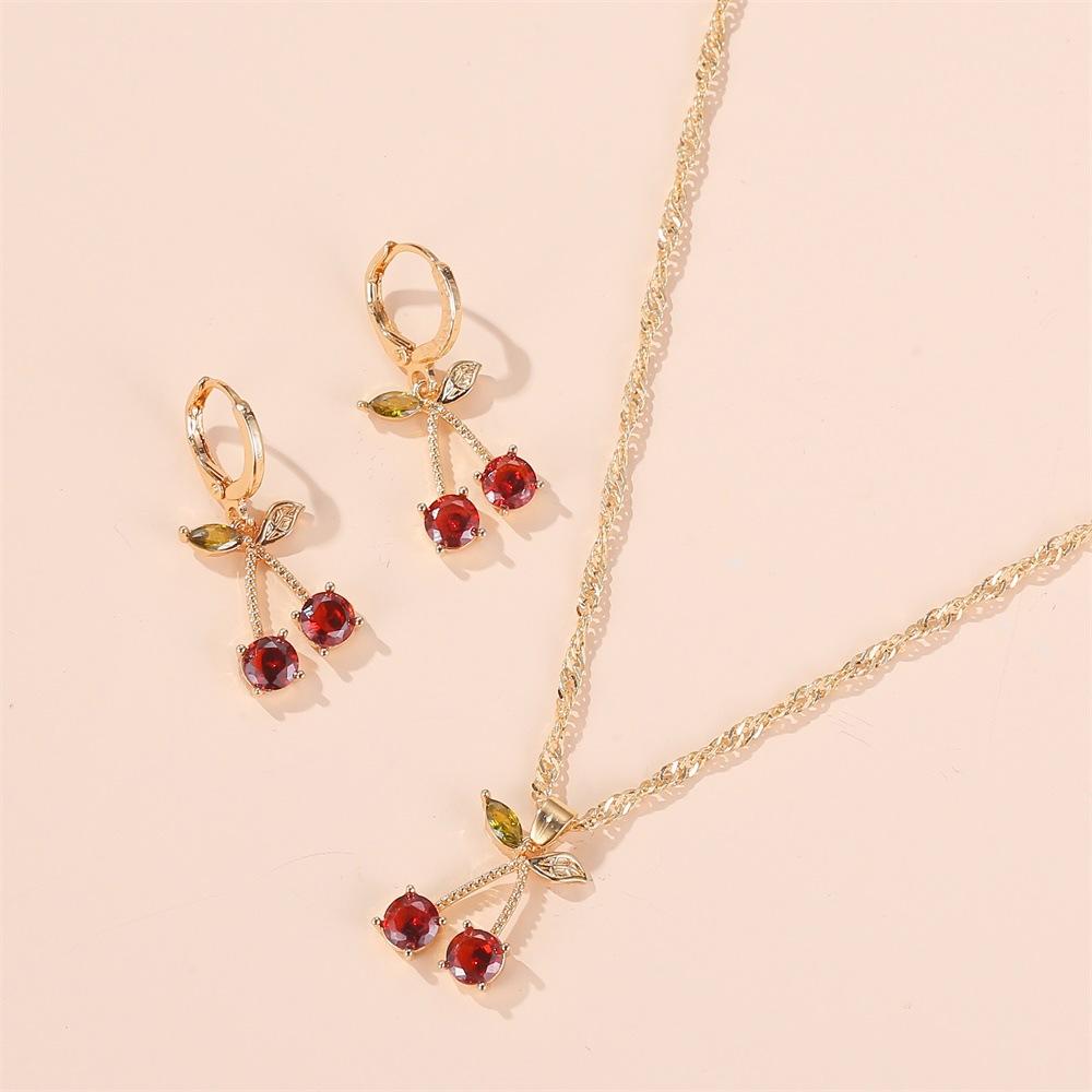 Wedding Dinner Jewelry Temperament Pomegranate Red Cherry Necklace Female Simple Versatile Crystal Earrings