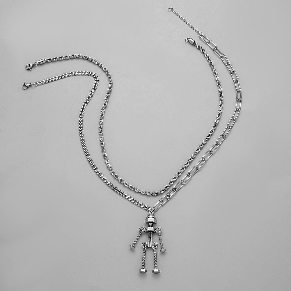 Simple design double-layer hip-hop twist chain screw style robot splicing men's necklace stacked