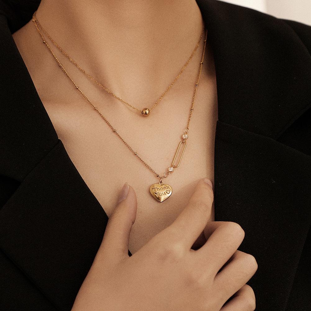 Fashion personality stainless steel double-layer ball love letter thankyou pendant titanium steel heart-shaped clavicle chain