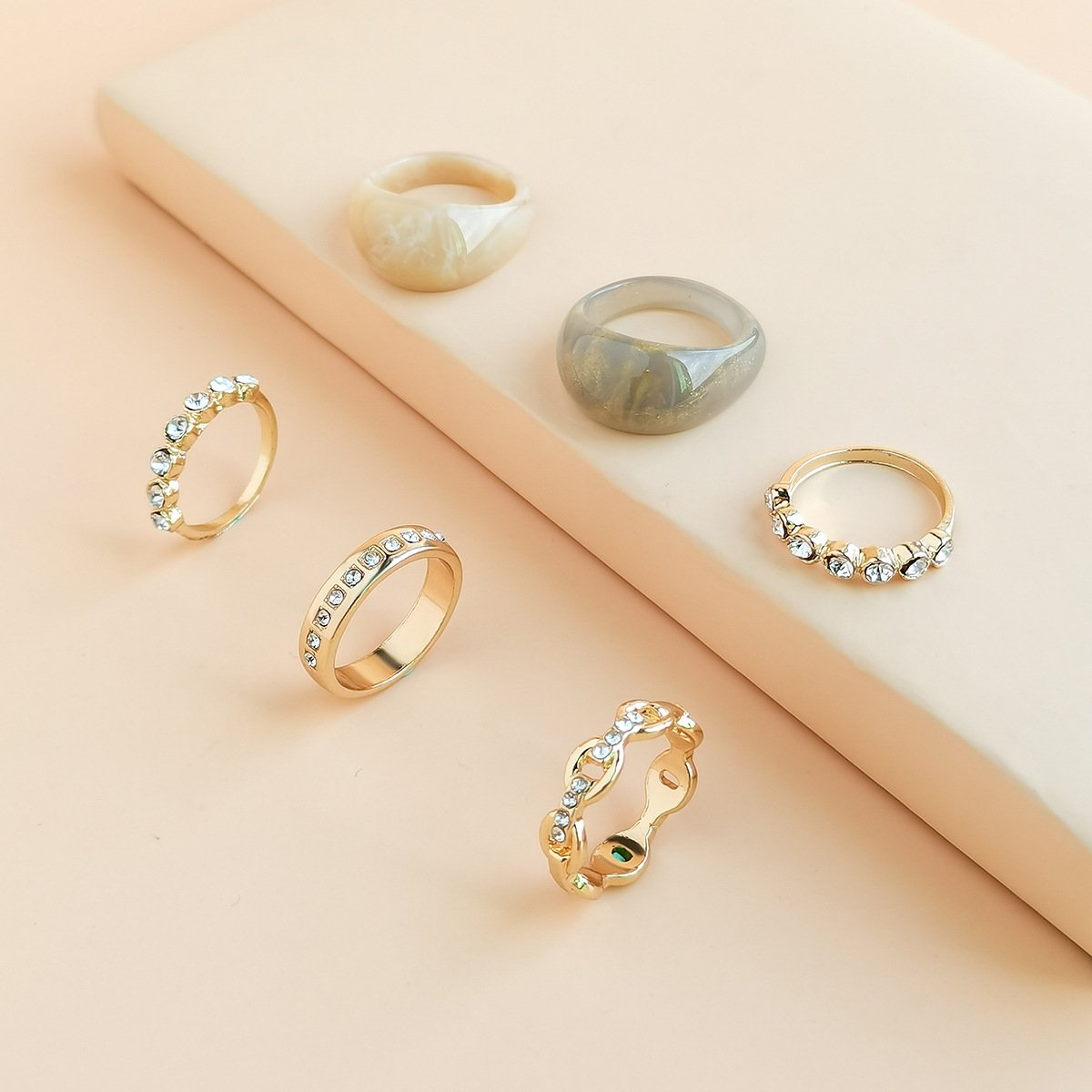 Jewelry cold acrylic ring index finger ring temperament retro metal diamond ring set