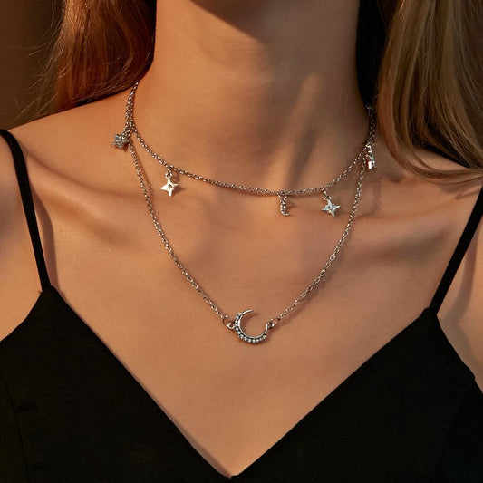 Simple double-layer star necklace female ins multi-layer star-moon pendant necklace moon pendant clavicle chain