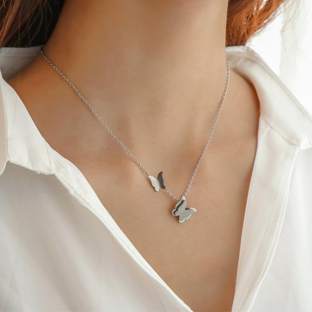 Fashion double frosted butterfly titanium steel pendant neck link simple stainless steel necklace jewelry for women