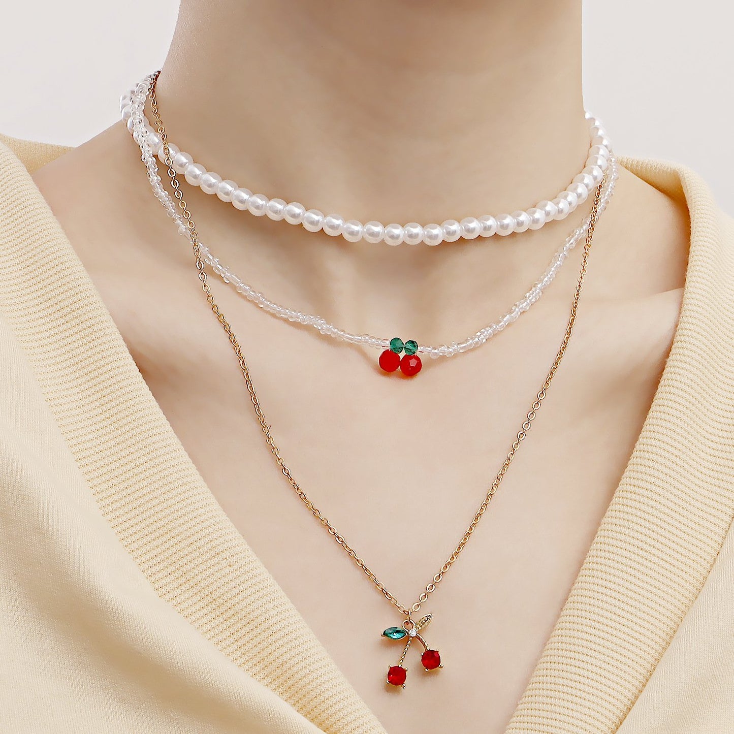 Jewelry fashion double red cherry pendant necklace female imitation pearl necklace ins necklace
