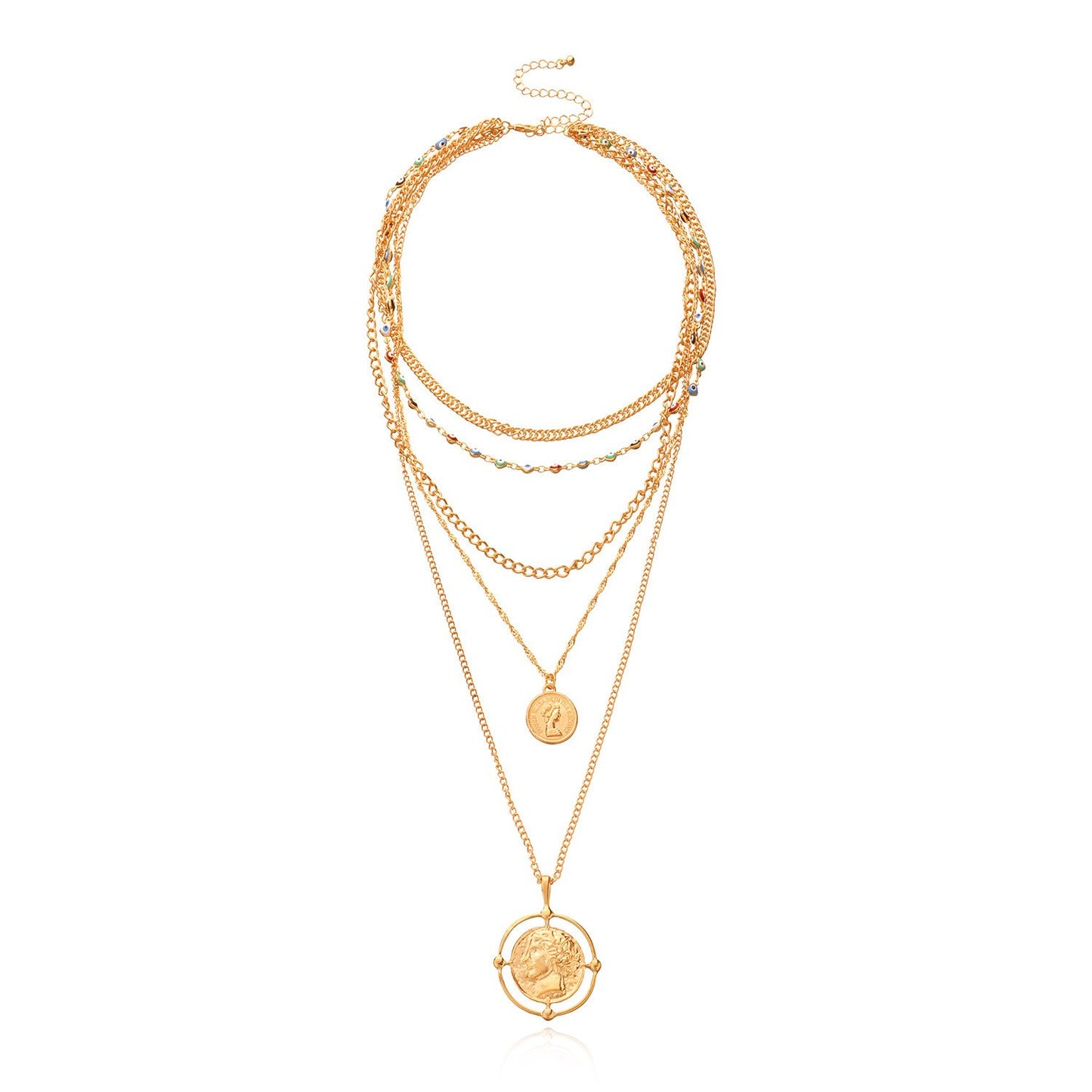 Jewelry Alloy Round Card Pendant Multilayer Necklace Women's Fashion Thick Chain Devil's Eye Necklace