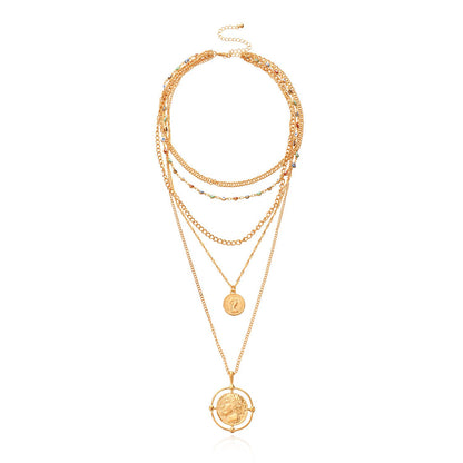 Jewelry Alloy Round Card Pendant Multilayer Necklace Women's Fashion Thick Chain Devil's Eye Necklace