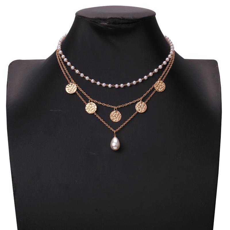 Jewelry disc crack sense multi-layer necklace personality retro geometric pearl pendant clavicle chain