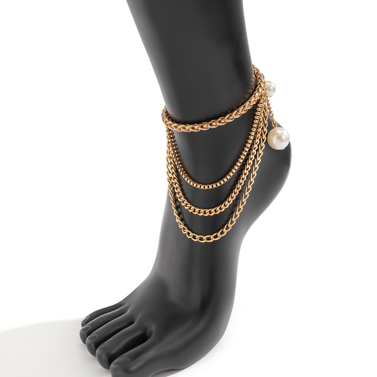 Sweet Cool Punk Metal Tassel Chain Anklet Women's Jewelry Beach Imitation Pearl Pendant Shoe Decoration