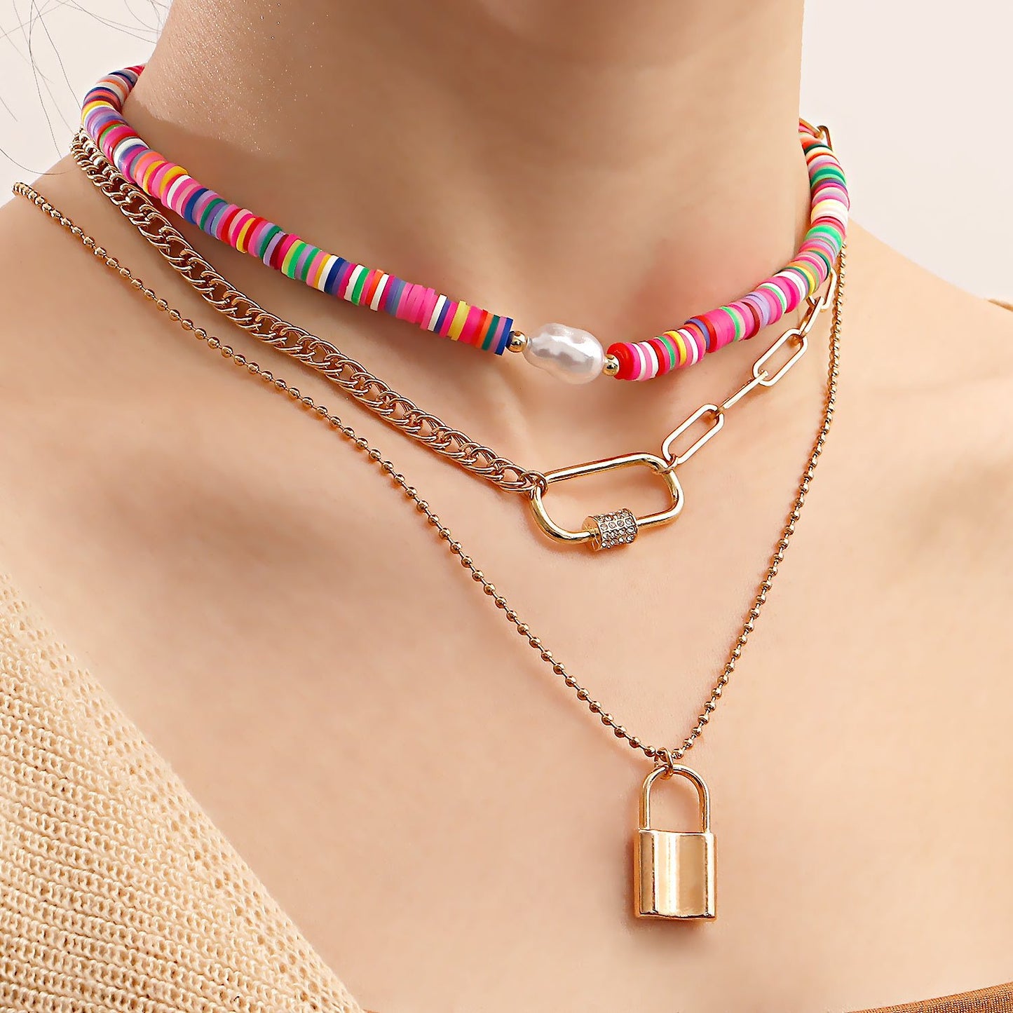 Accessories Bohemian color soft pottery padlock pendant necklace female ins trend geometric ball chain