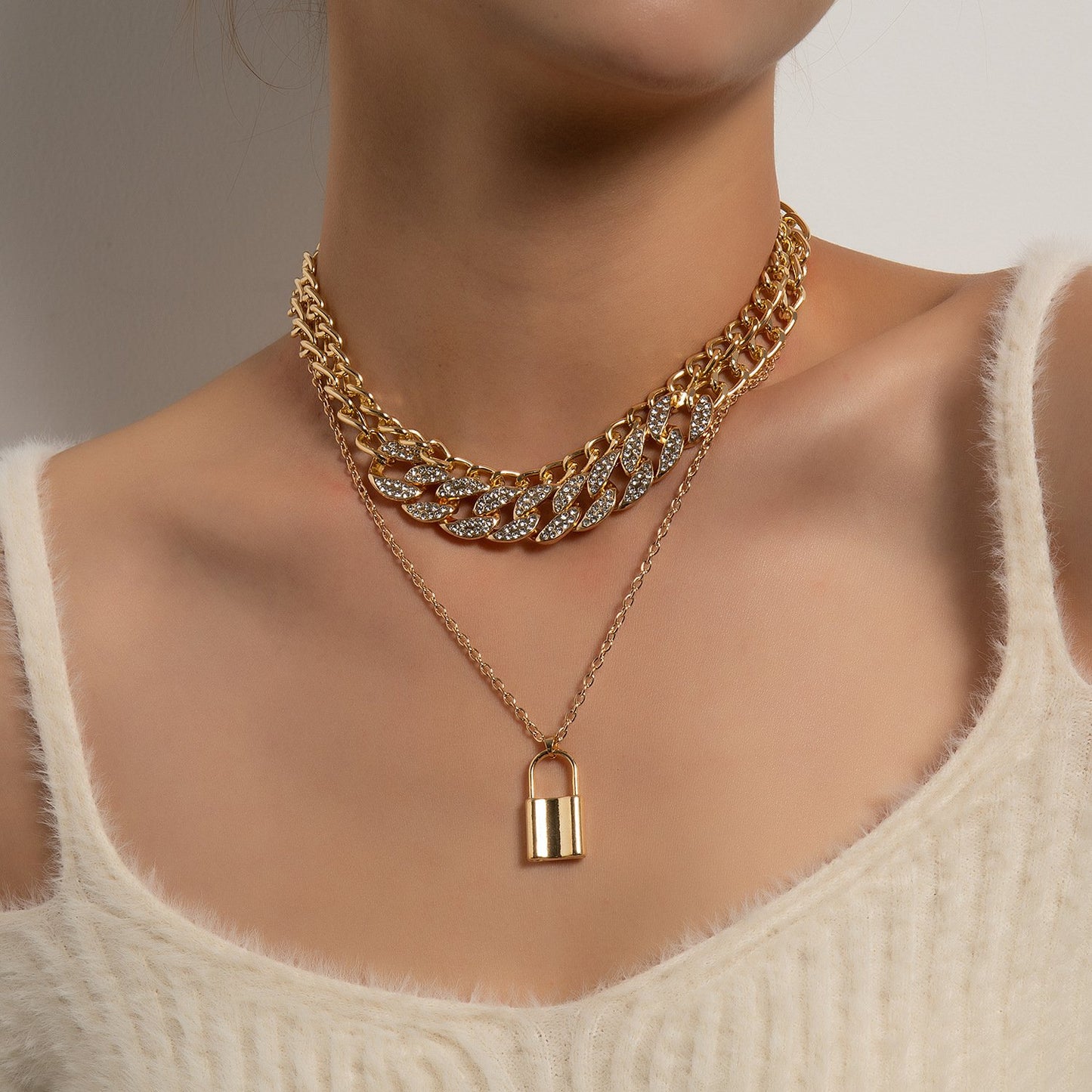 Geometric Metal Lock Pendant Necklace Femininity Versatile Multi-layer Full Diamond Chain Necklace