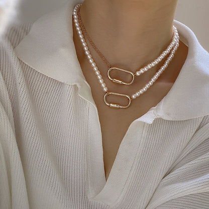 Jewelry Frosty Metal Chain Ring Necklace Female Retro Simple Imitation Pearl Beaded Necklace