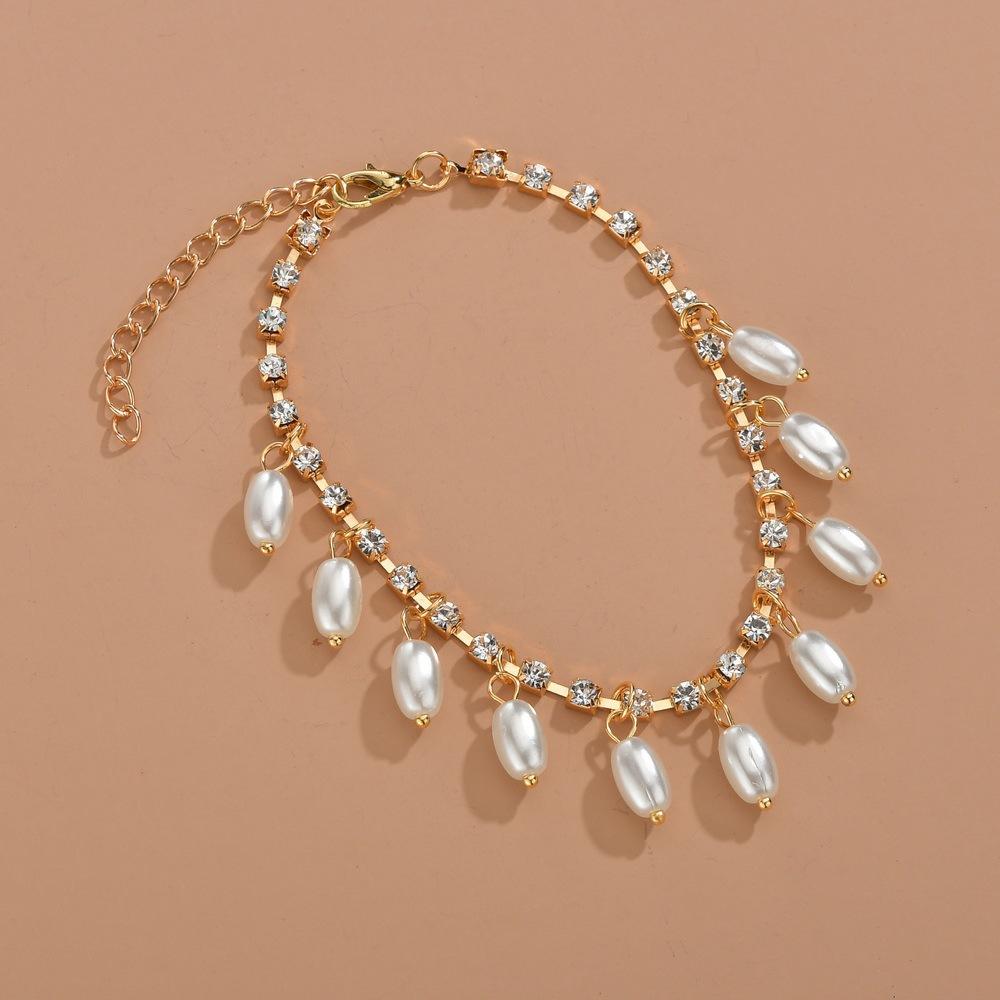 Fashion Rhinestone Anklet Summer Simple Imitation Pearl Pendant Anklet Jewelry